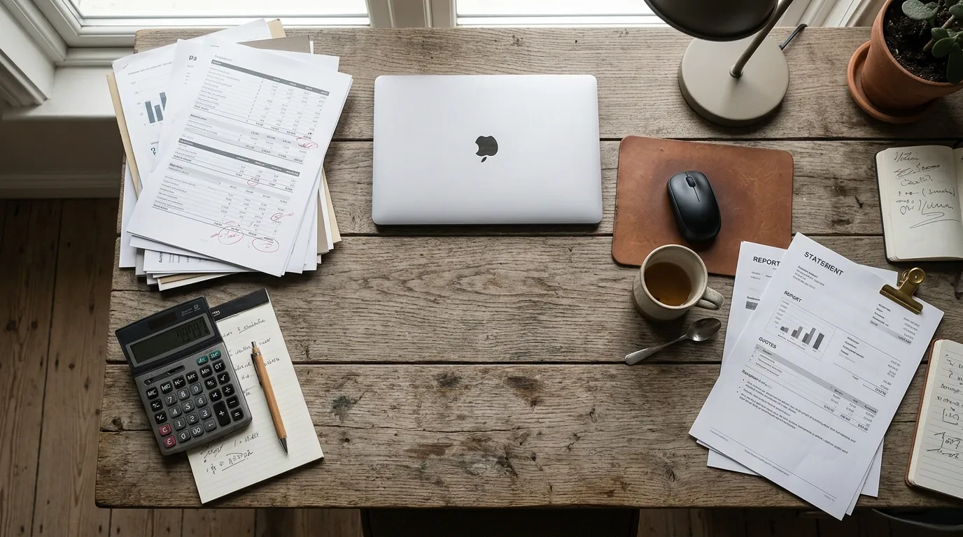 Escritorio con cotizaciones, estados financieros, calculadora y laptop