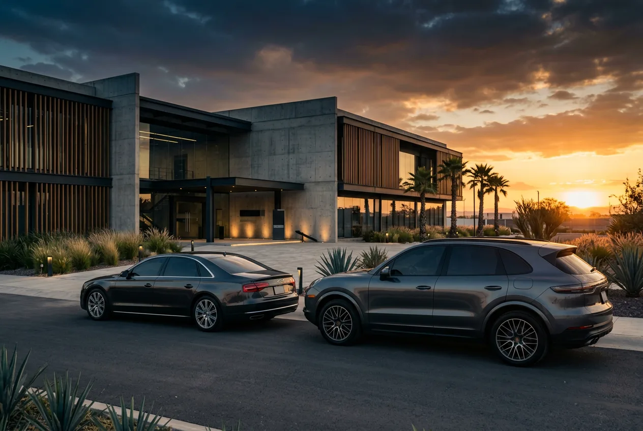SUV ejecutiva con vidrios de seguridad y automóvil en un patio empresarial