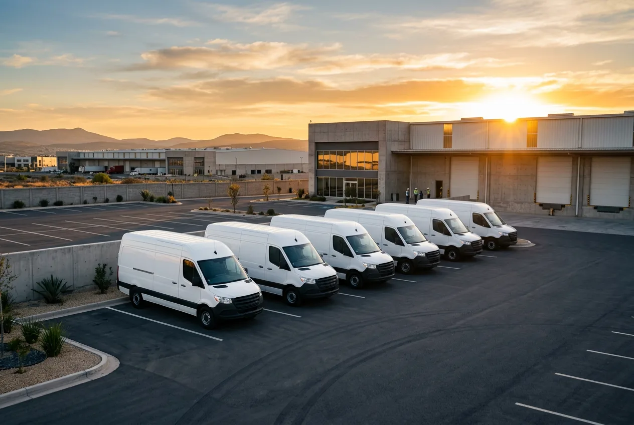 Camionetas de reparto en un patio industrial al atardecer