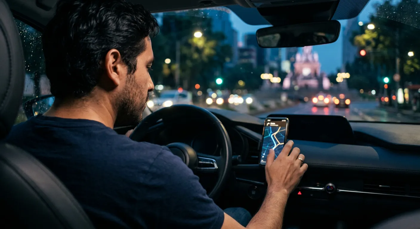 Conductor revisando su ruta en el celular dentro de su auto, de noche sobre Paseo de la Reforma