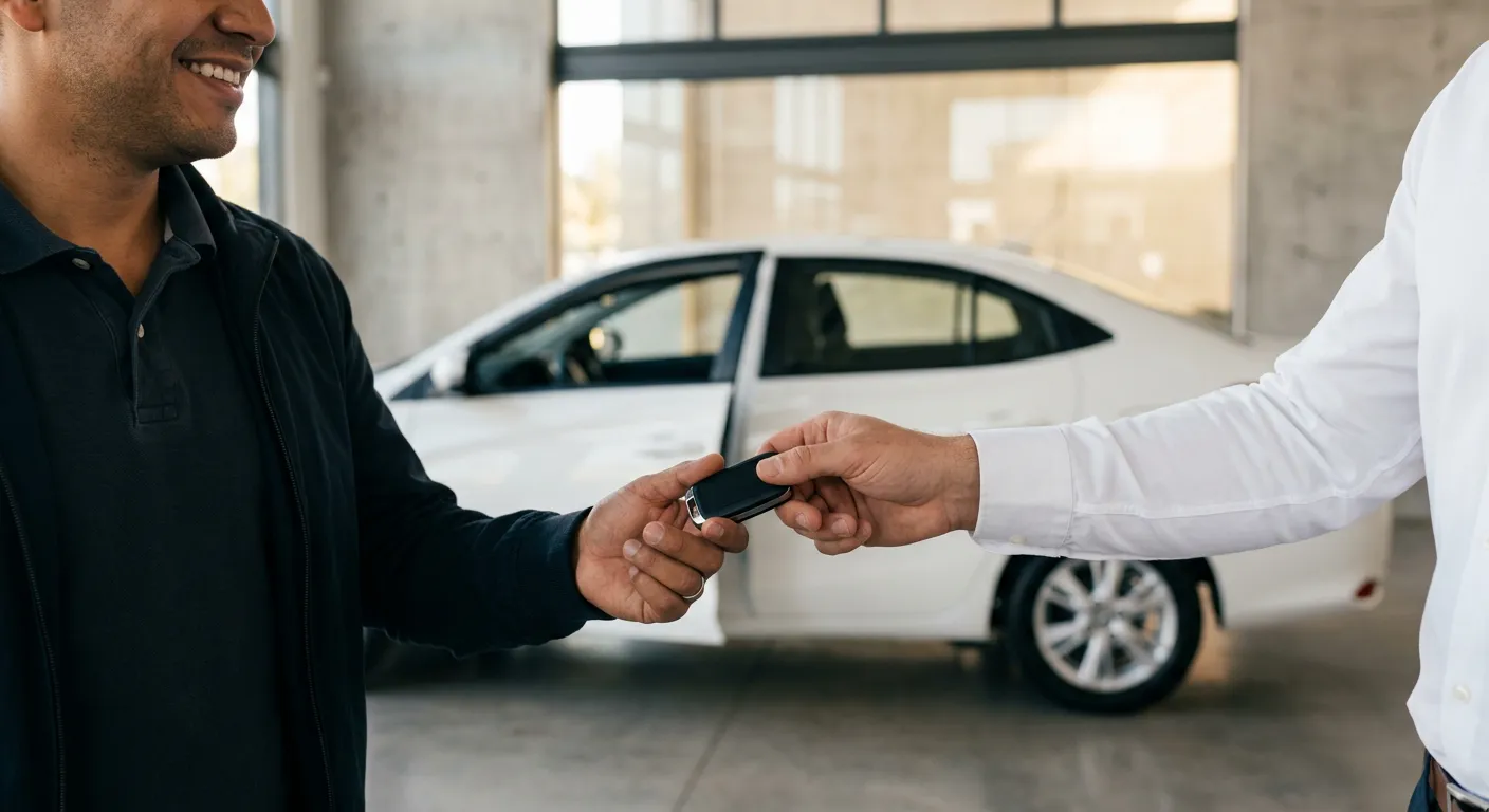 Un asesor entrega la llave de su auto nuevo a un conductor en el centro de entregas